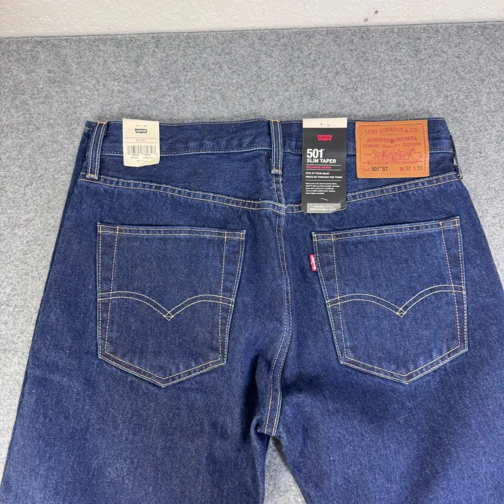 Levis 501 Slim Taper Selvedge Denim Jeans Mens 32x30 Dark Wash Indigo 501ST NEW